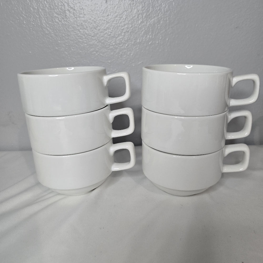 6 Williams Sonoma Restaurant Mugs Modern White Stackable Dinnerware Cups SOLD